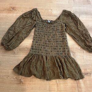 Urban Outfitters Ruched Longsleeve Mini Dress Gingham S